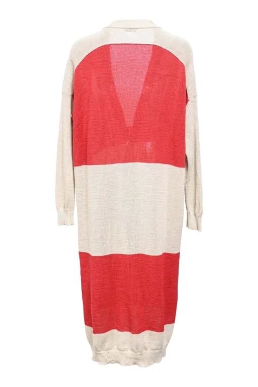 Coral-neutral striped cotton jersey knit V-neck long cardigan