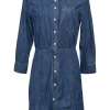 Cotton indigo denim button-front A-line shirt dress with classic collar and chest patch pocket appliqué