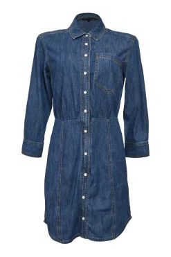 Cotton indigo denim button-front A-line shirt dress with classic collar and chest patch pocket appliqué