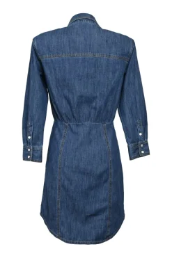 Cotton indigo denim button-front A-line shirt dress with classic collar and chest patch pocket appliqué