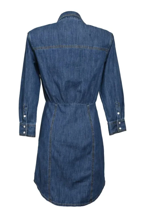 Cotton indigo denim button-front A-line shirt dress with classic collar and chest patch pocket appliqué