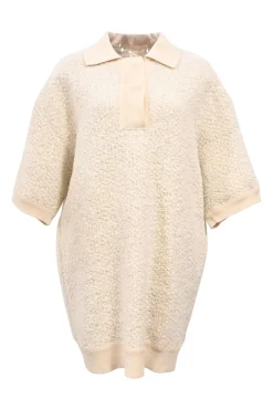 Cream acrylic-blend bouclé knit Imelda oversized drop-shoulder half-sleeve polo top with spread collar and concealed placket