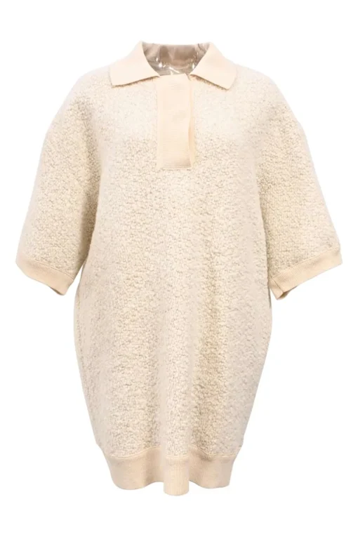 Cream acrylic-blend bouclé knit Imelda oversized drop-shoulder half-sleeve polo top with spread collar and concealed placket