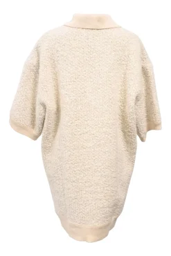 Cream acrylic-blend bouclé knit Imelda oversized drop-shoulder half-sleeve polo top with spread collar and concealed placket