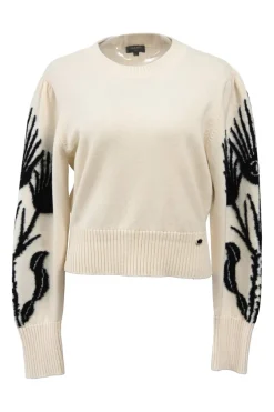 Cream and black cashmere-silk blend crewneck intarsia knit sweater featuring floral Coco Mark sleeve motif