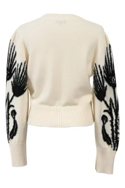 Cream and black cashmere-silk blend crewneck intarsia knit sweater featuring floral Coco Mark sleeve motif