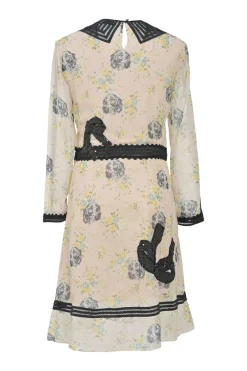 Cream and black cupro bow-embellished floral print long sleeve mini dress with cutout edge trim detailing