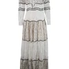 Cream and black long sleeve lace maxi dress with open back and back tie straps