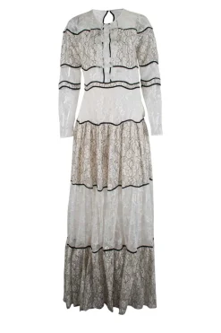 Cream and black long sleeve lace maxi dress with open back and back tie straps