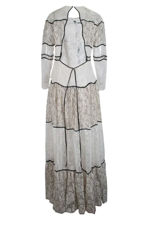 Cream and black long sleeve lace maxi dress with open back and back tie straps