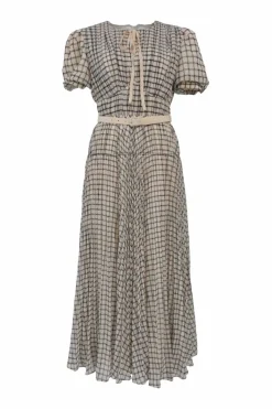 Cream and black polyester windowpane plaid print tie-front puff-sleeve belted A-line dress with gathered bodice and plissé skirt