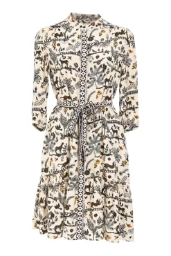Cream and black printed silk crepe band collar Tyra belted mini dress