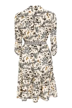 Cream and black printed silk crepe band collar Tyra belted mini dress