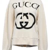 Cream and black screen-printed French terry logo hoodie
