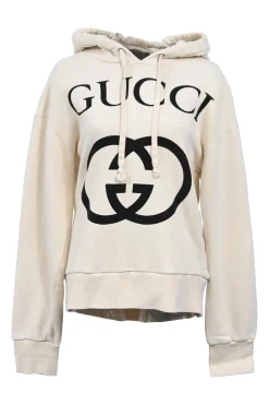 Cream and black screen-printed French terry logo hoodie
