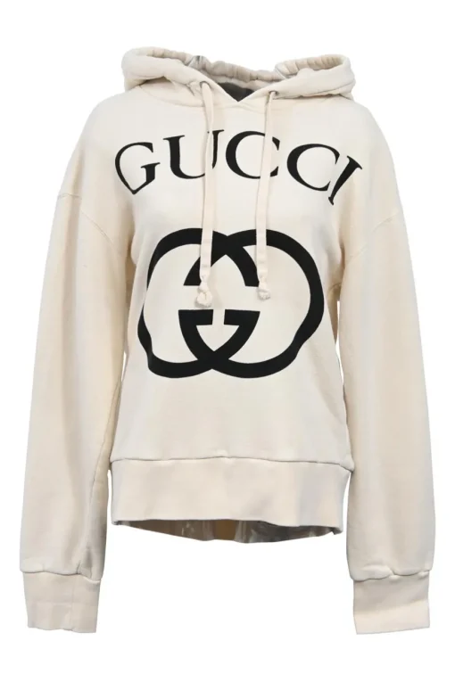 Cream and black screen-printed French terry logo hoodie