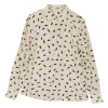 Cream and black silk novelty lip print classic collar button-front shirt