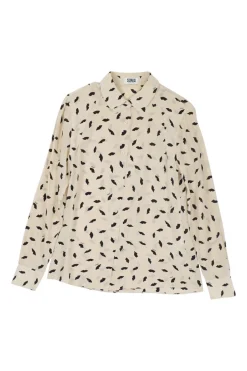 Cream and black silk novelty lip print classic collar button-front shirt