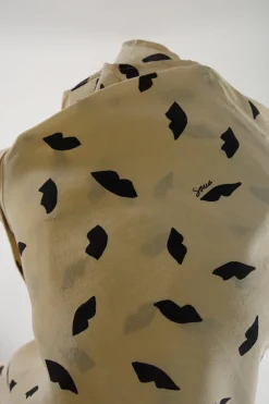 Cream and black silk novelty lip print classic collar button-front shirt