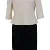 Cream and black wool layered mid-sleeve knee-length dress. feature zipper fastening at the back.