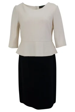 Cream and black wool layered mid-sleeve knee-length dress. feature zipper fastening at the back.