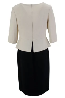 Cream and black wool layered mid-sleeve knee-length dress. feature zipper fastening at the back.