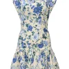 Cream and blue linen floral print flutter sleeve drop-waist mini dress