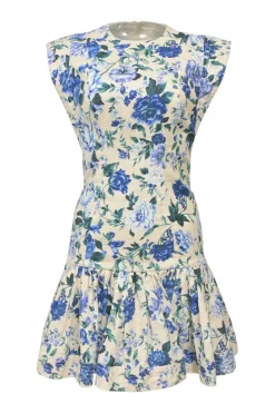Cream and blue linen floral print flutter sleeve drop-waist mini dress