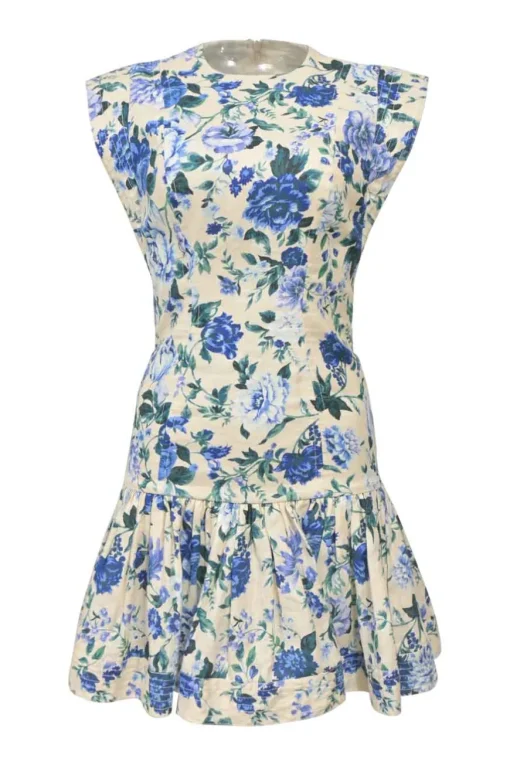 Cream and blue linen floral print flutter sleeve drop-waist mini dress
