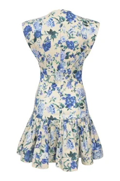 Cream and blue linen floral print flutter sleeve drop-waist mini dress