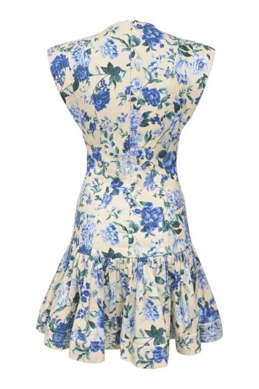 Cream and blue linen floral print flutter sleeve drop-waist mini dress