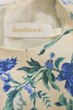 Cream and blue linen floral print flutter sleeve drop-waist mini dress