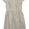 Cream and gold silk-blend floral brocade textured short sleeve tea-style mini dress