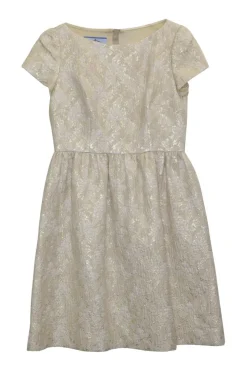 Cream and gold silk-blend floral brocade textured short sleeve tea-style mini dress