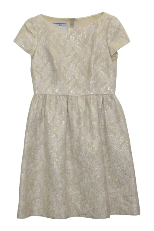 Cream and gold silk-blend floral brocade textured short sleeve tea-style mini dress