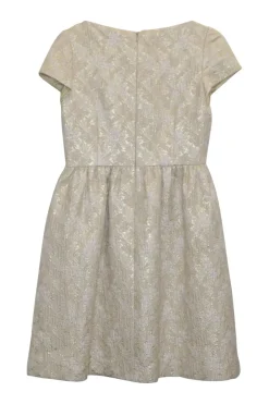 Cream and gold silk-blend floral brocade textured short sleeve tea-style mini dress