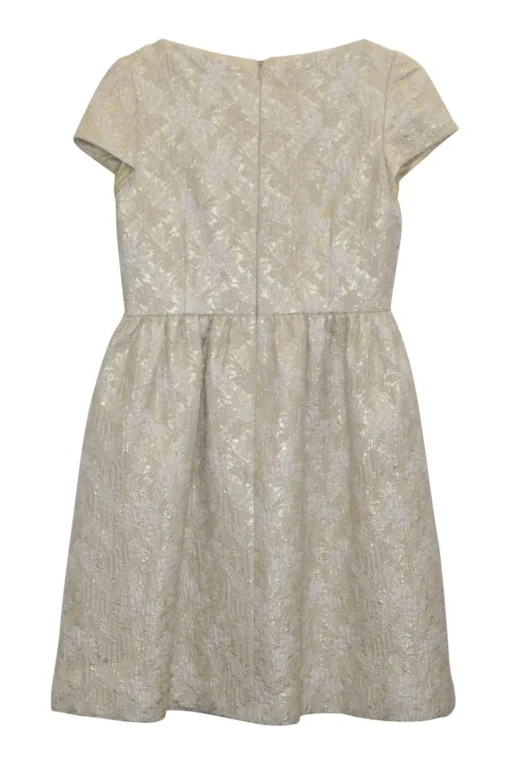 Cream and gold silk-blend floral brocade textured short sleeve tea-style mini dress