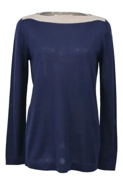 Cream and navy colour-block interlock jersey knit bateau neck pullover long sleeve top