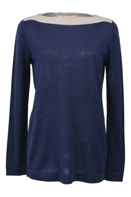 Cream and navy colour-block interlock jersey knit bateau neck pullover long sleeve top