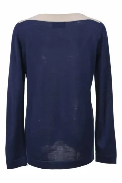 Cream and navy colour-block interlock jersey knit bateau neck pullover long sleeve top