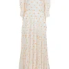 Cream and orange rayon abstract floral print smocked half-sleeve tiered maxi dress with self-tie cutout back