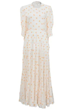 Cream and orange rayon abstract floral print smocked half-sleeve tiered maxi dress with self-tie cutout back