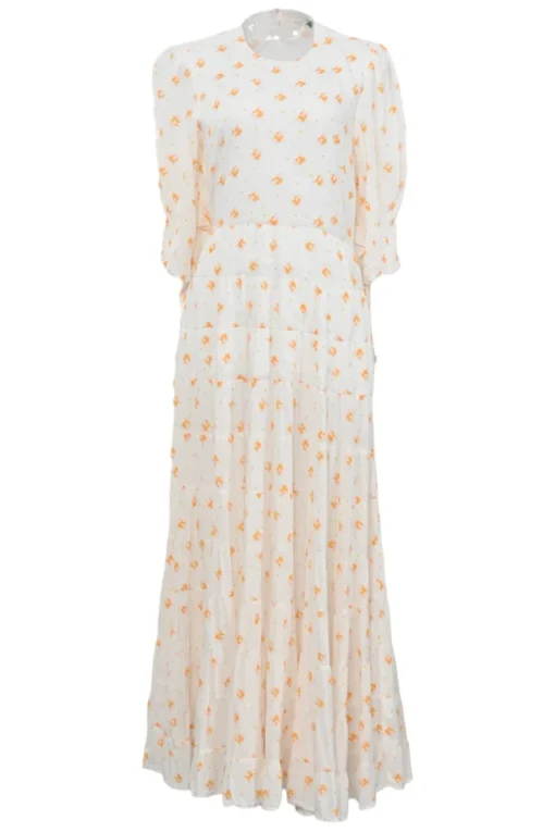 Cream and orange rayon abstract floral print smocked half-sleeve tiered maxi dress with self-tie cutout back