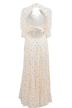 Cream and orange rayon abstract floral print smocked half-sleeve tiered maxi dress with self-tie cutout back