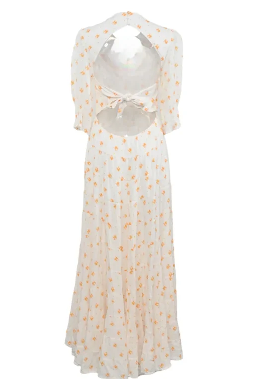 Cream and orange rayon abstract floral print smocked half-sleeve tiered maxi dress with self-tie cutout back