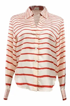 Cream and red striped silk satin dog ear collar shirt