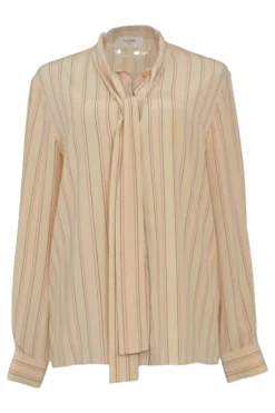 Cream and red striped silk button-front lavallière blouse