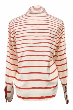Cream and red striped silk satin dog ear collar shirt