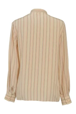 Cream and red striped silk button-front lavallière blouse