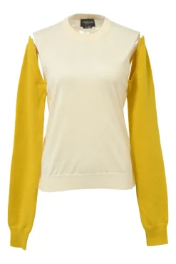Cream and yellow convertible crewneck sweater with detachable sleeves